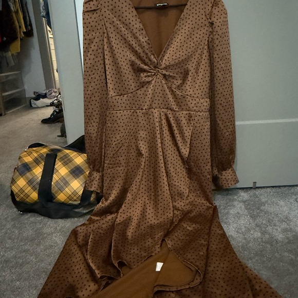 Express Brown Long Sleeve Polka Dot Dress - Picture 1 of 3